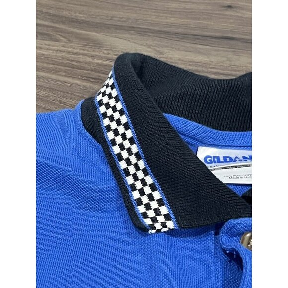 Vintage Gildan Blue Polo Shirt Black White Checkerboard Trim Size 2XL - Picture 5 of 16